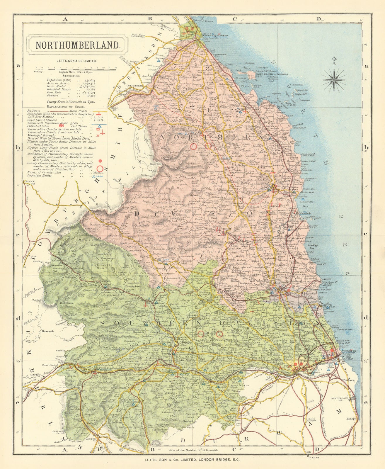 Northumberland county map showing Post Towns & Market Days. LETTS 1884 old